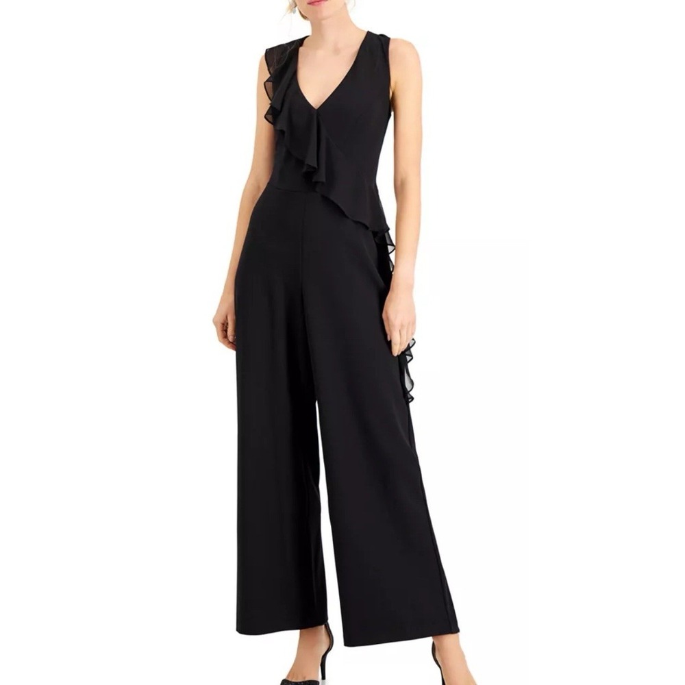 Connected Apparel Jumpsuit Women's Black Asymmetrical Ruffle Wide Leg Size 8